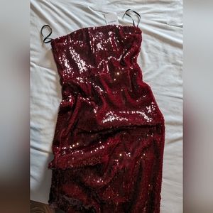 Wine Burgundy Sequin Midi Tube Dress